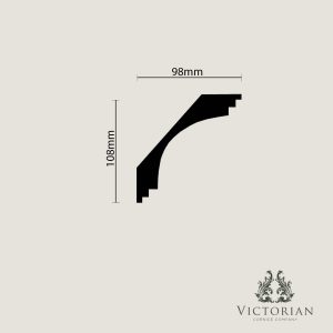 C102 Modern Plaster Cornice Cross Section C102 modern plaster cornice cross-section showing a smooth concave curve with clean contemporary detailing and minimalist proportions.