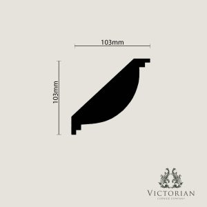 C104 Modern Plaster Cornice Cross Section C104 modern plaster cornice cross-section showing a deep sweeping cove profile with clean contemporary detailing and smooth architectural curves.