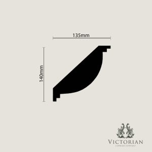 C111 plaster cornice cross section showing reverse profile design with 135mm projection and 140mm drop.
