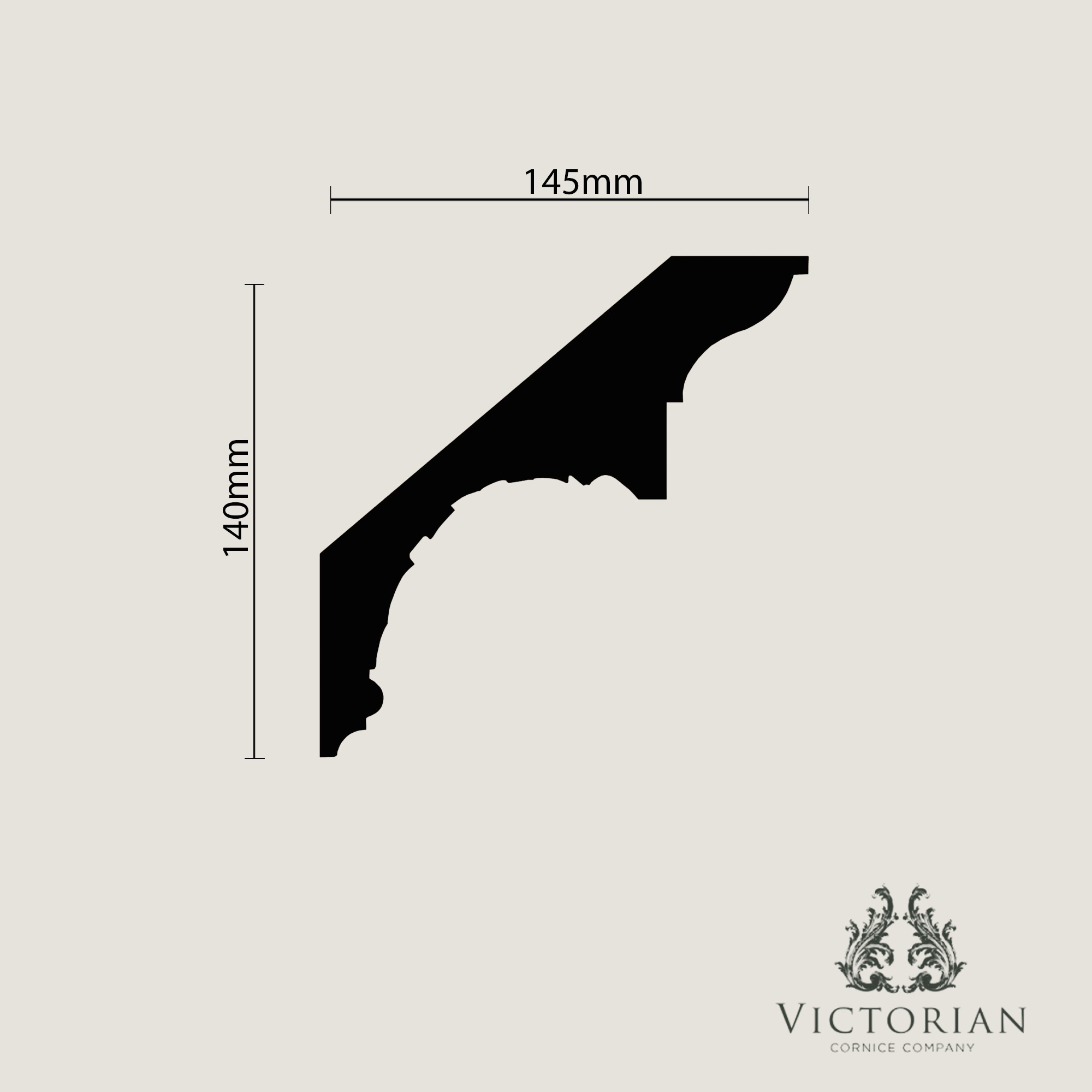 C112 plaster cornice cross section showing French water leaf profile with 145mm projection and 140mm drop.