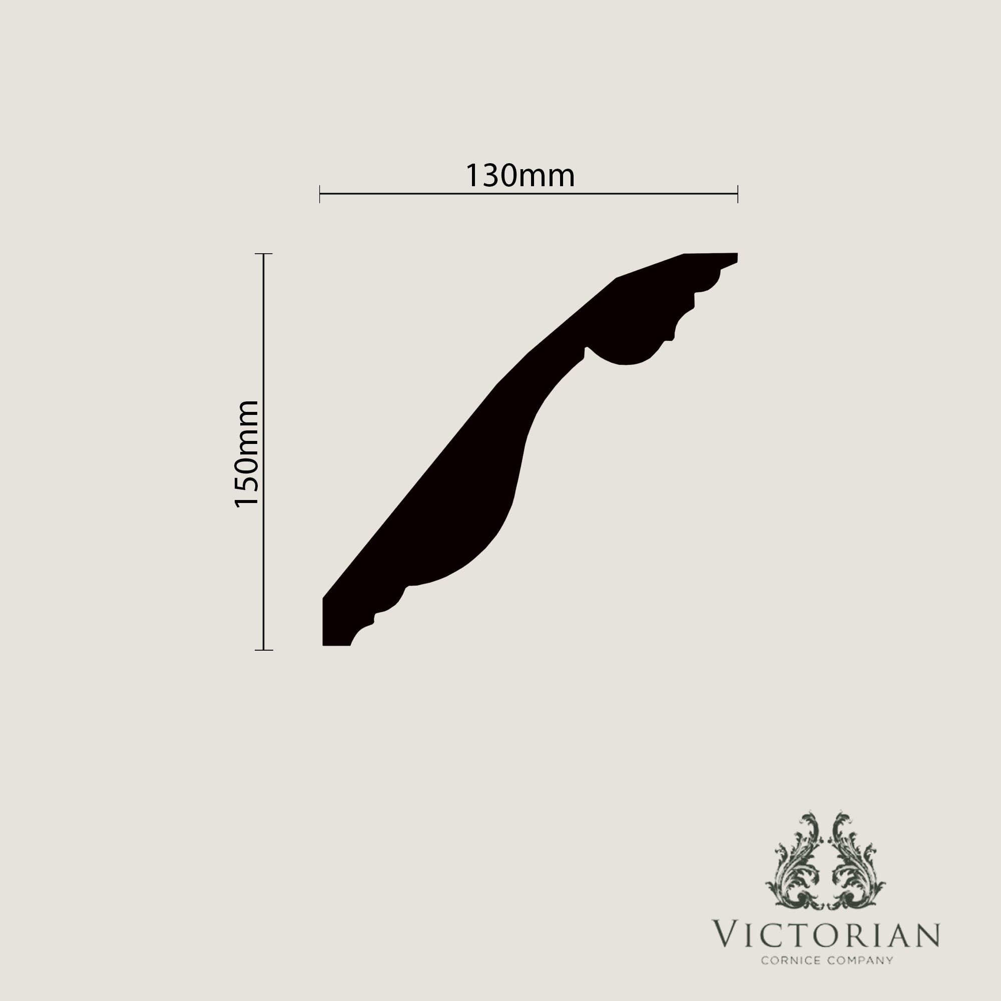 C114 plaster cornice cross section showing a Georgian profile with 130mm projection and 150mm drop.