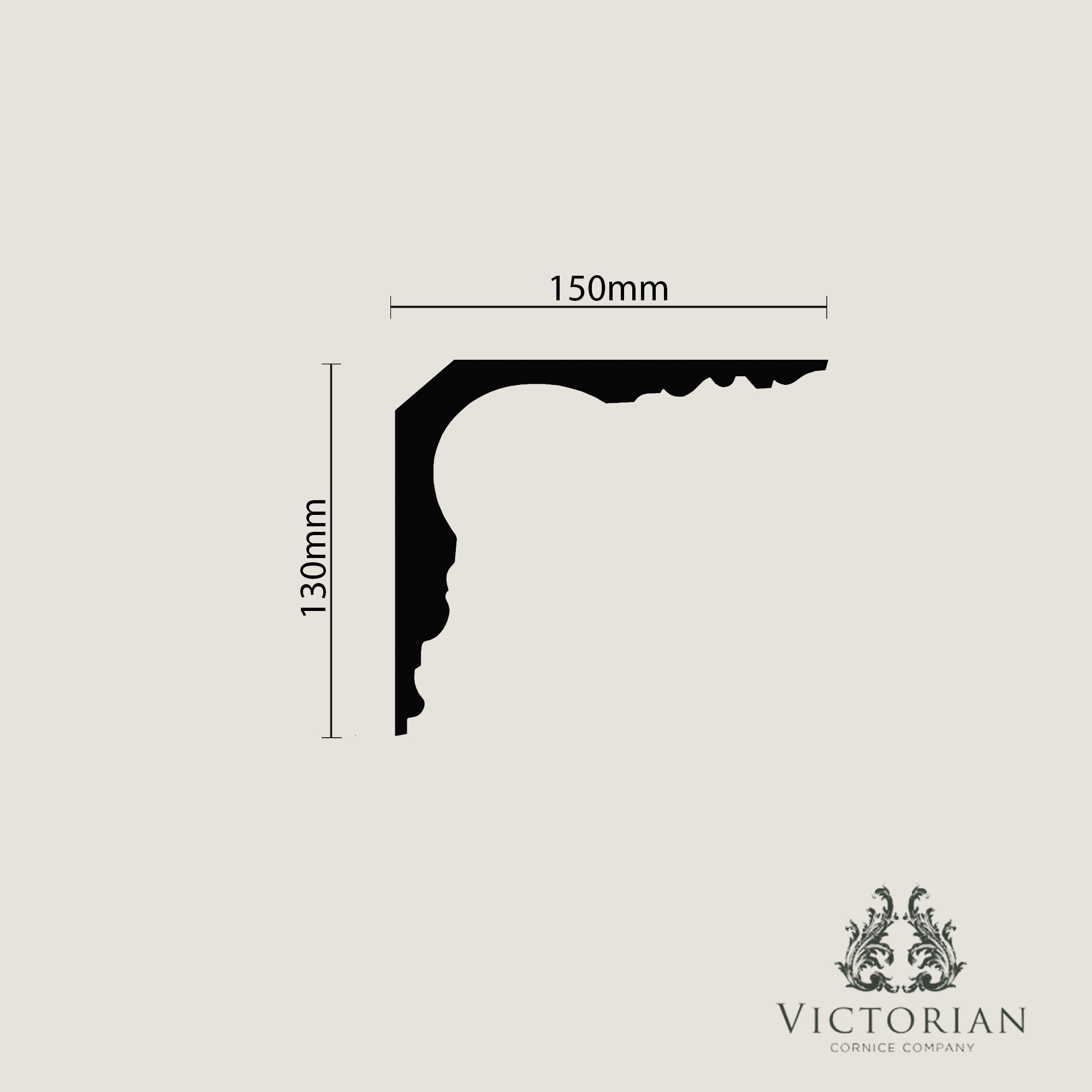 C124 plaster cornice cross section showing a swan neck profile with 150mm projection and 130mm drop.