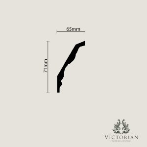 C134 Victorian Plaster Cornice Cross Section C134 plaster cornice cross section showing a Victorian profile with 65mm projection and 71mm drop.