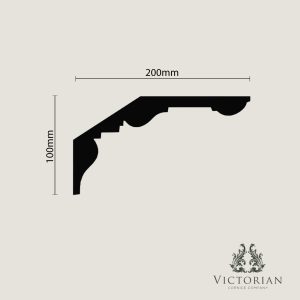C136 plaster cornice cross section showing a Victorian profile with 200mm projection and 100mm drop.