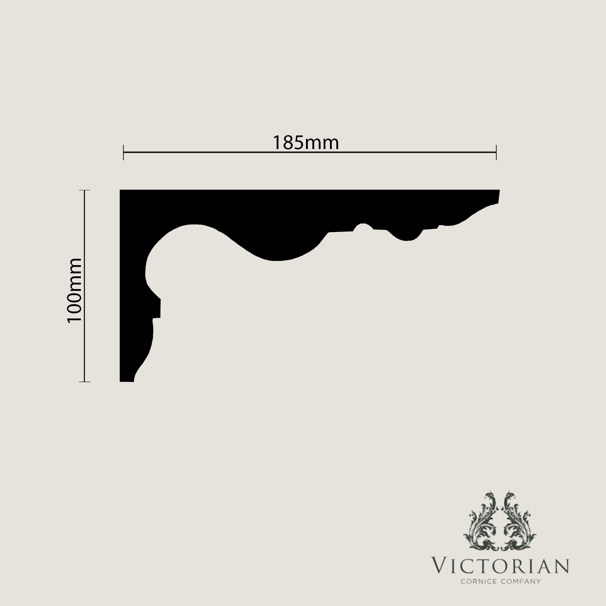 C140 Georgian plaster cornice cross-section profile measuring 185mm projection x 100mm drop, featuring a deep ogee curve with refined stepped detailing.