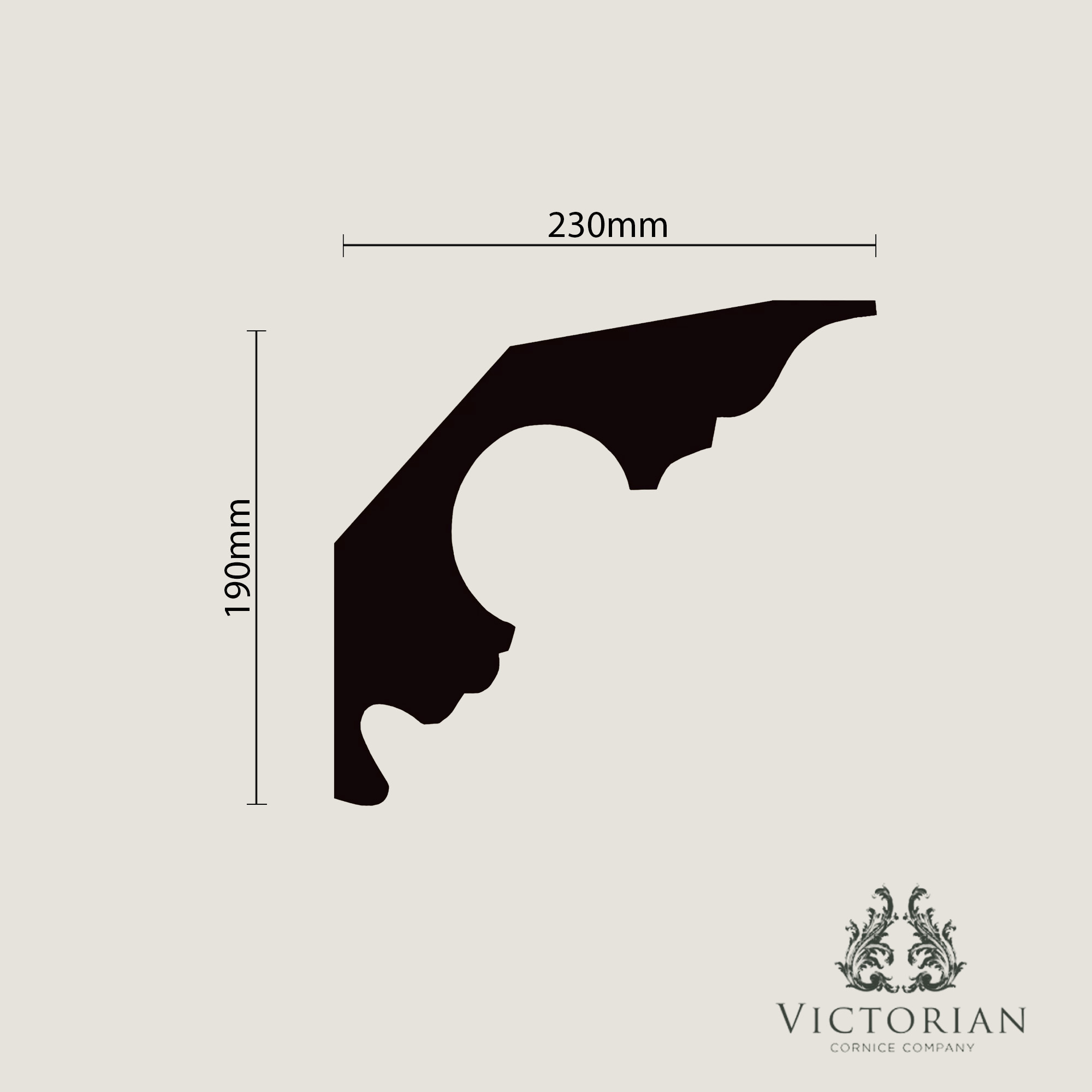 C147 Swan Neck plaster cornice cross-section showing a large sweeping curved profile with traditional stepped detailing and generous 230mm projection.