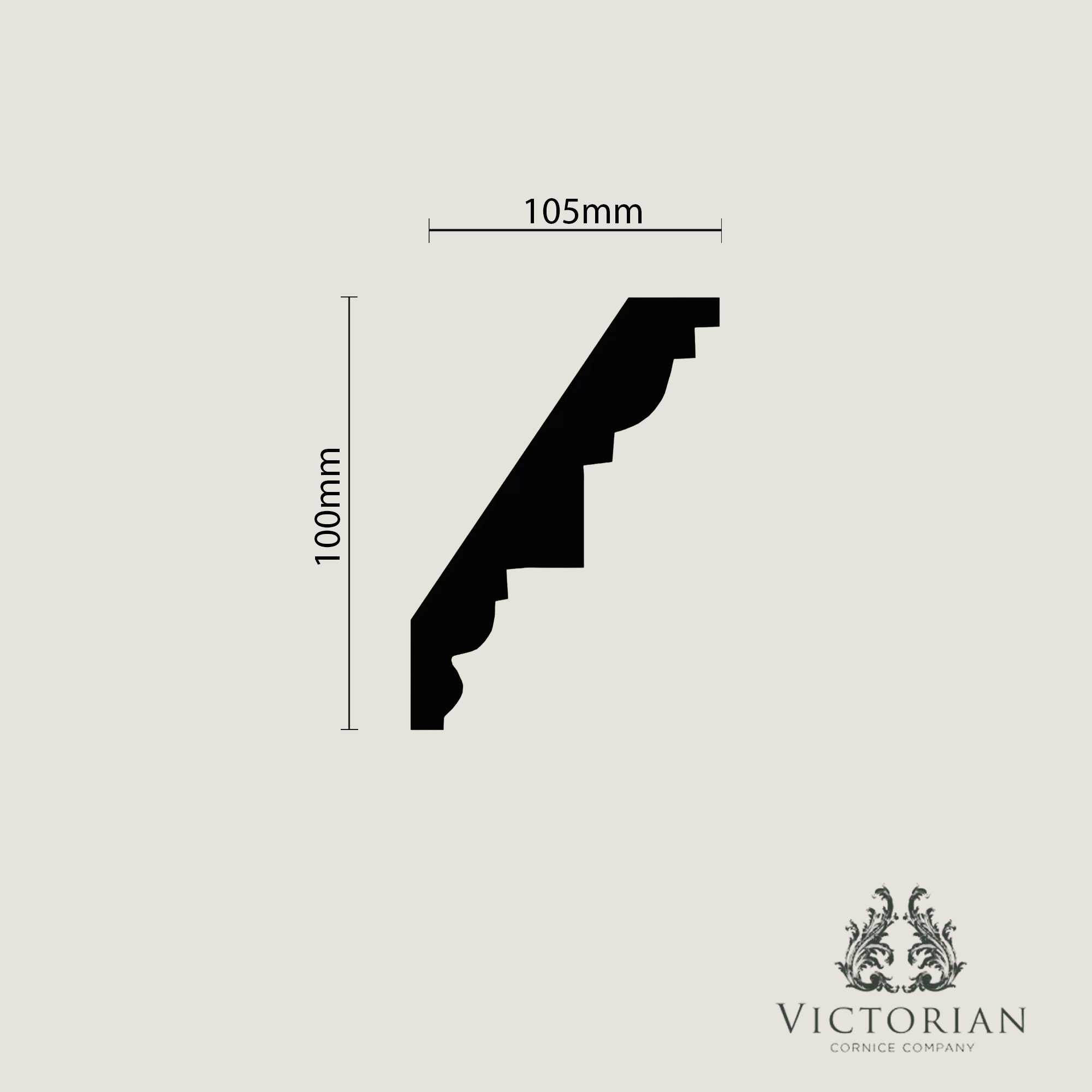 C163 plaster cornice cross-section profile measuring 105mm projection by 100mm drop, featuring stepped Georgian detailing with decorative ogee mouldings.