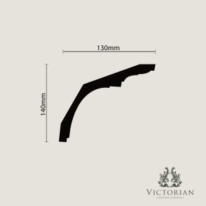 C164 Cavetto Plaster Cornice Profile – 130mm x 140mm C164 plaster cornice cross-section profile measuring 130mm projection by 140mm drop, featuring a sweeping cavetto curve with subtle stepped detailing.