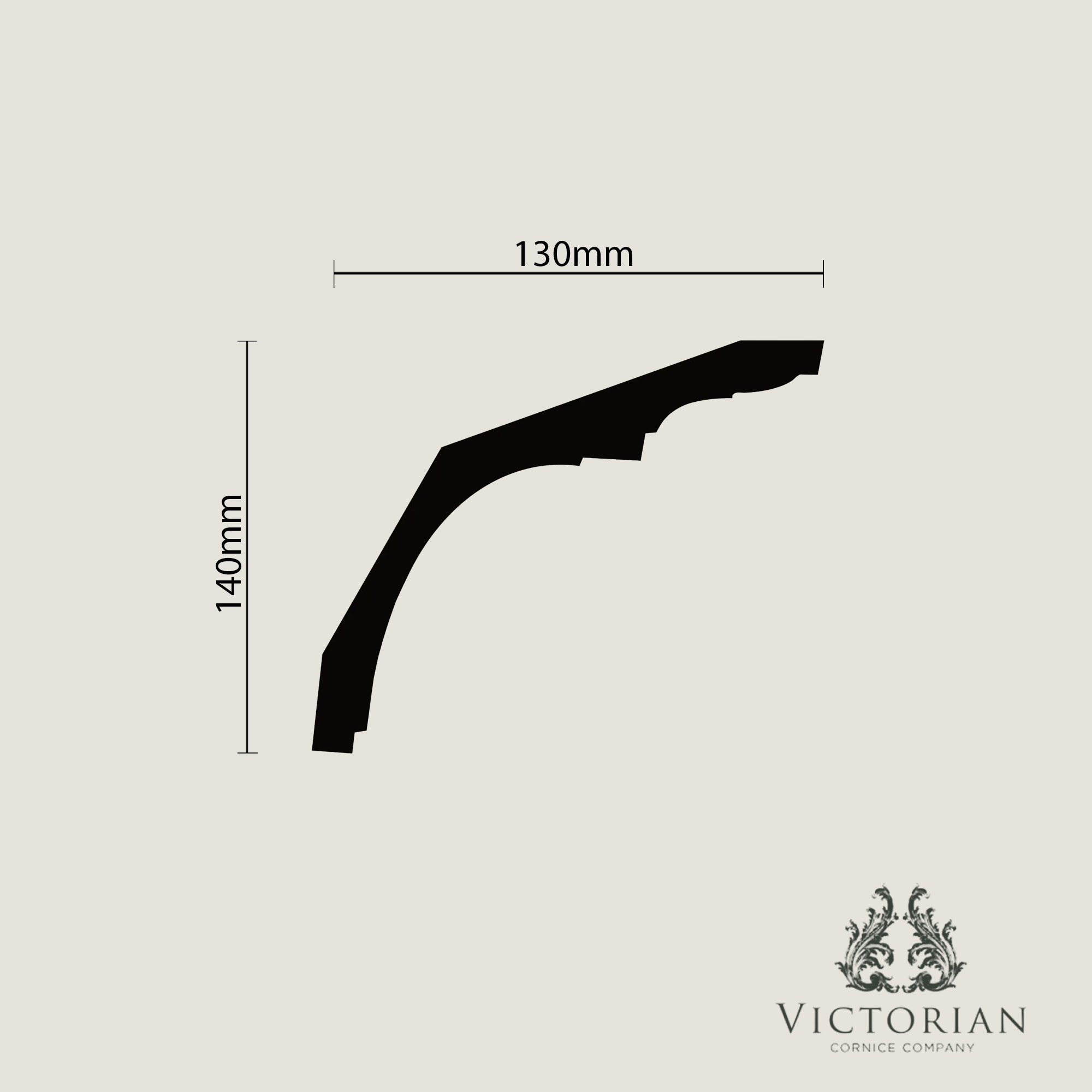 C164 plaster cornice cross-section profile measuring 130mm projection by 140mm drop, featuring a sweeping cavetto curve with subtle stepped detailing.