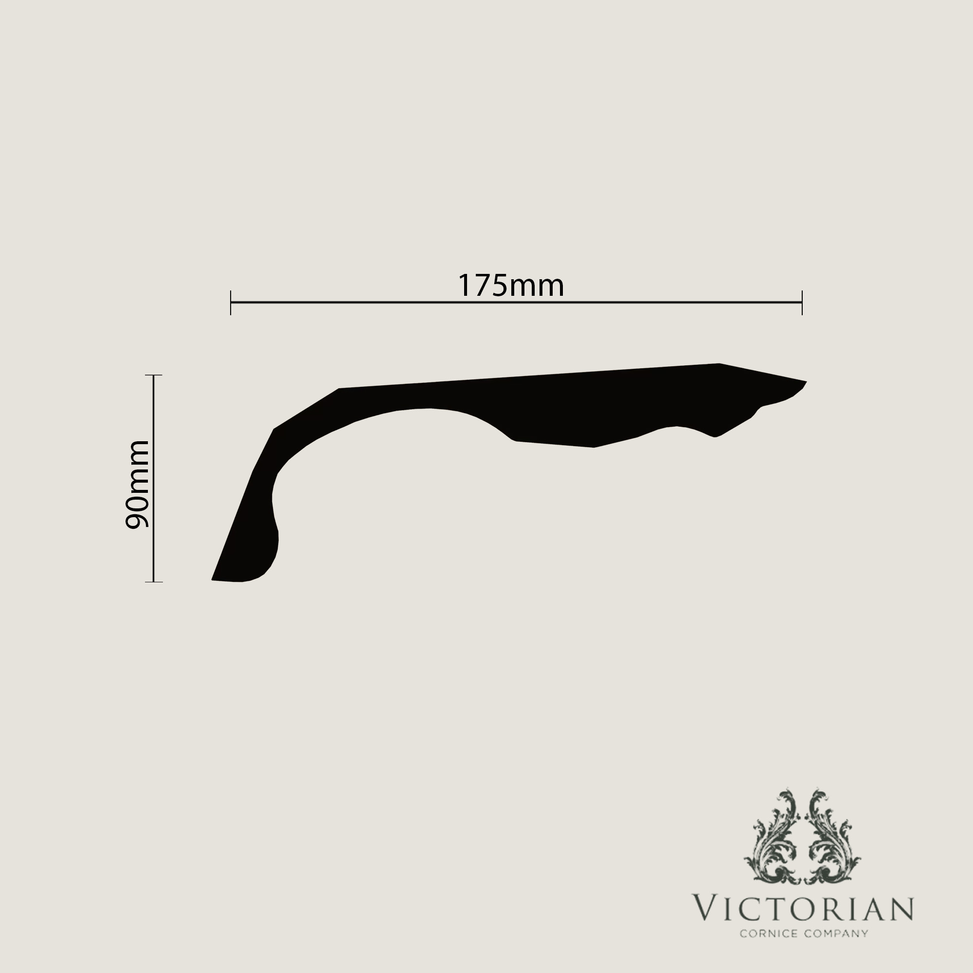 C166 plaster cornice cross-section profile measuring 175mm projection by 90mm drop, featuring a shallow sweeping curve with subtle decorative detailing.