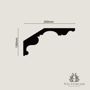 C169 Edwardian plaster cornice cross-section profile measuring 200mm projection by 100mm drop, featuring a decorative ogee curve and traditional period moulding details.