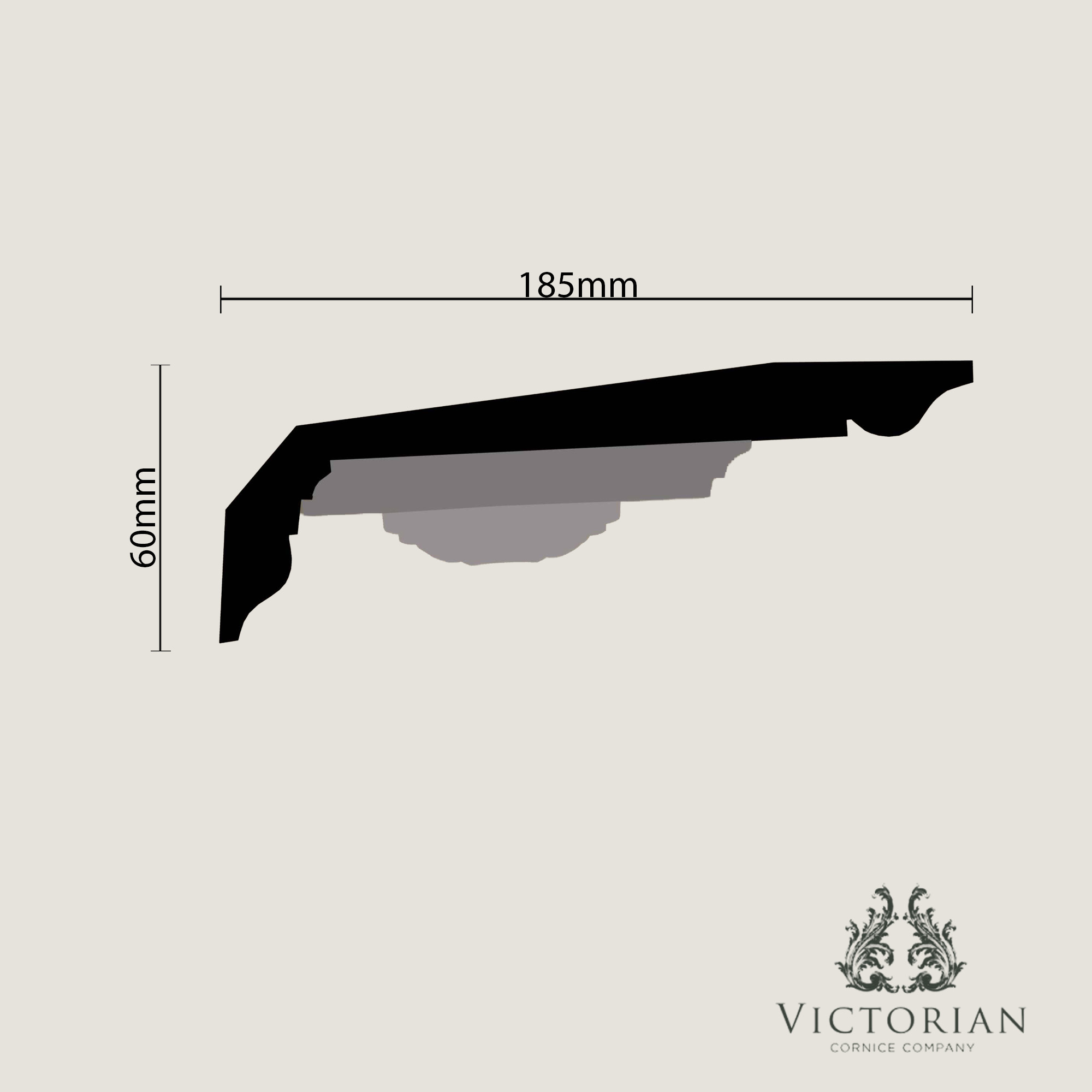C171 Georgian Hall plaster cornice cross-section profile showing a 185mm projection and 60mm drop, incorporating integrated panel moulding and decorative ceiling enrichment detail.
