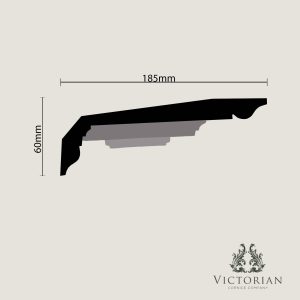 C172 Georgian Hall plaster cornice cross-section profile showing a 185mm projection and 60mm drop with integrated panel moulding and floral enrichment detail.