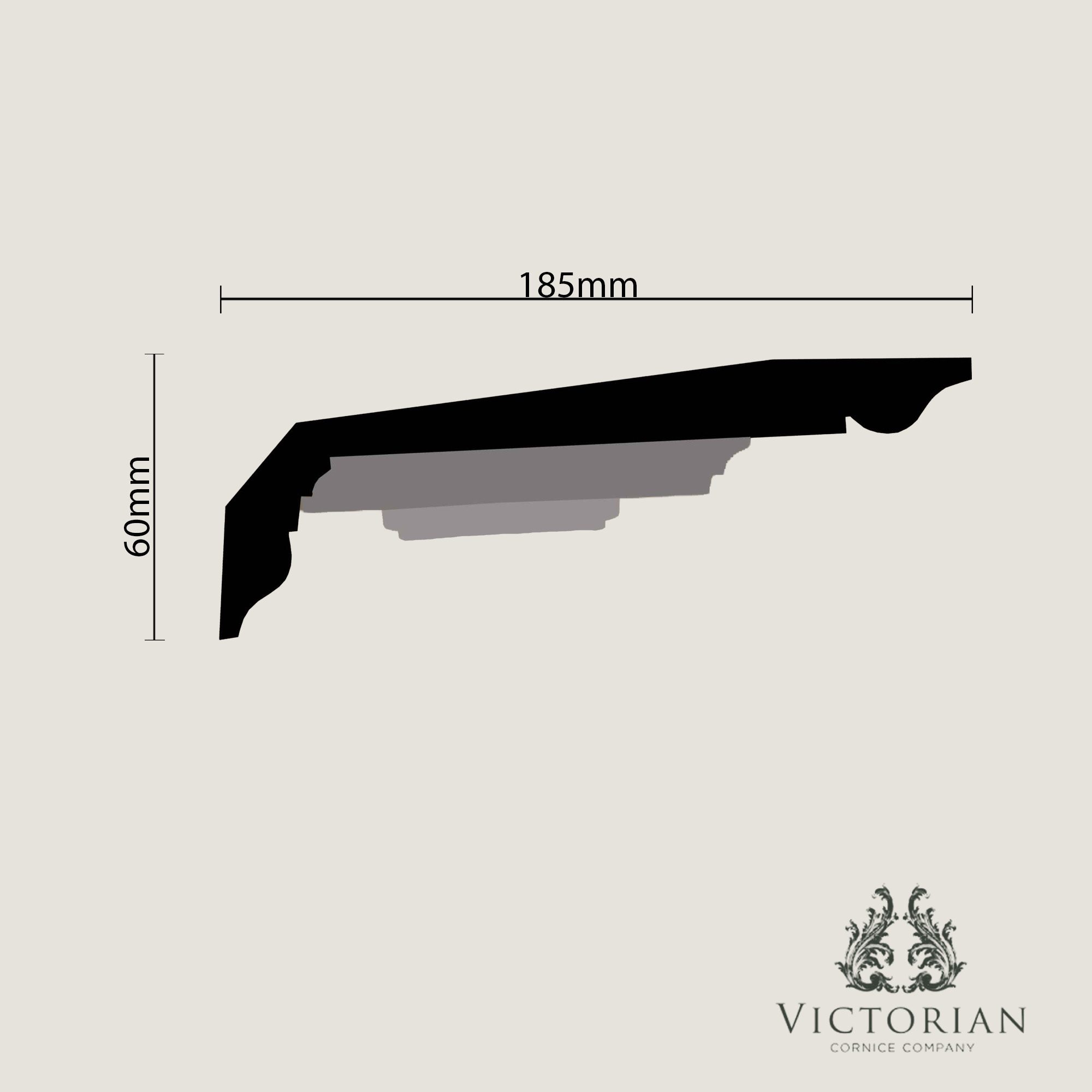 C172 Georgian Hall plaster cornice cross-section profile showing a 185mm projection and 60mm drop with integrated panel moulding and floral enrichment detail.