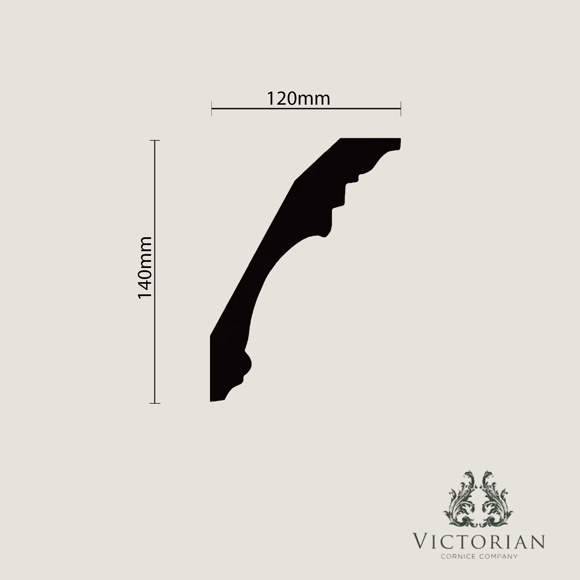 Technical profile drawing of decorative acanthus leaf plaster cornice with 140mm projection and 140mm drop
