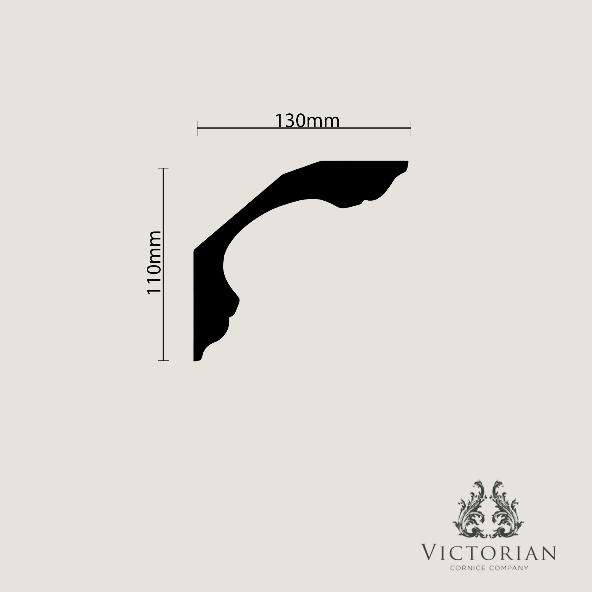 Traditional ogee plaster cornice profile drawing with 130mm projection and 110mm drop dimensions