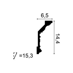 C303 Cornice Cross-Section Cross-section diagram of the C303 cornice showing a 6.5 cm projection, 14.4 cm drop and a 15.3 cm diagonal depth.