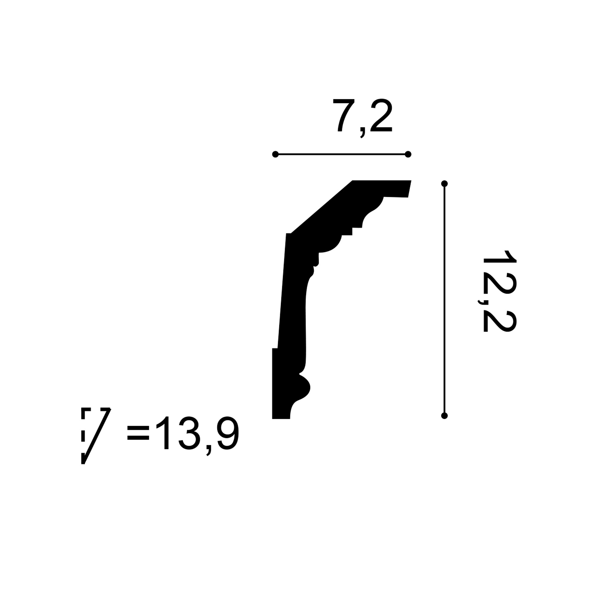 Cross-section diagram of the C304 cornice showing a 7.2 cm projection, 12.2 cm drop and a 13.9 cm diagonal depth.