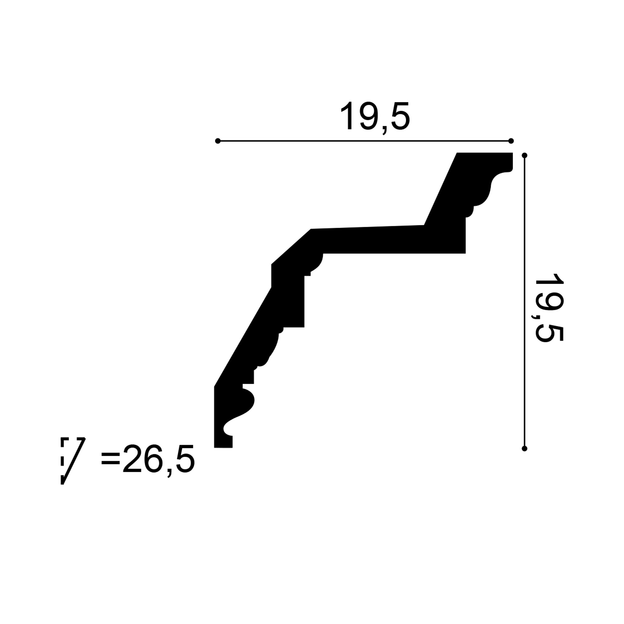 Cross-section diagram of the C307 cornice showing a 19.5 cm projection, 19.5 cm drop and a 26.5 cm diagonal depth.