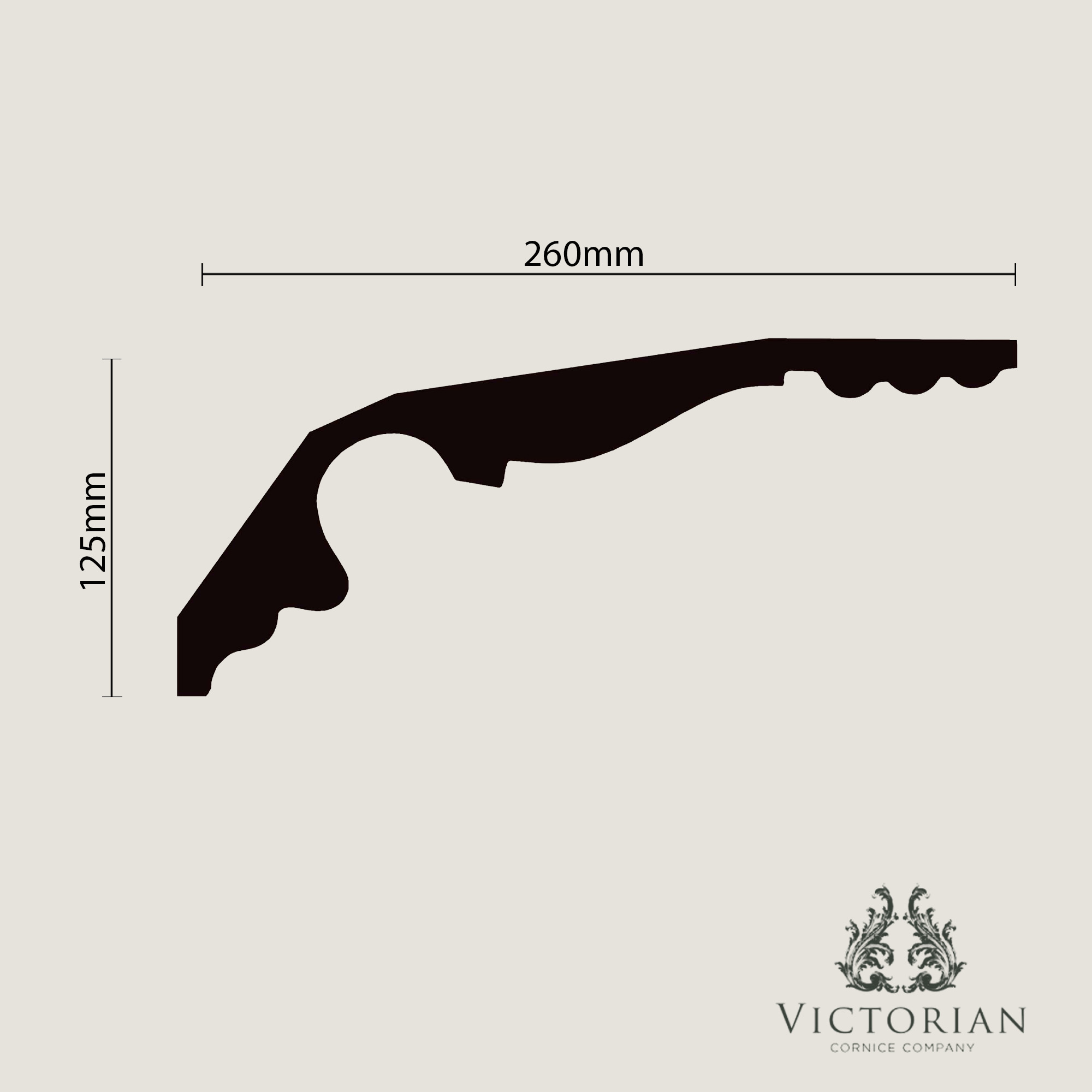C32 plaster cornice cross section showing large Edwardian coving profile with 265mm projection and 125mm drop