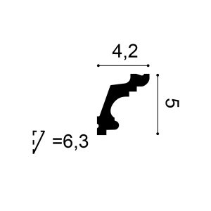 Cross-section diagram of the C322 cornice showing a 4.2 cm projection, 5 cm drop and a 6.3 cm diagonal depth.