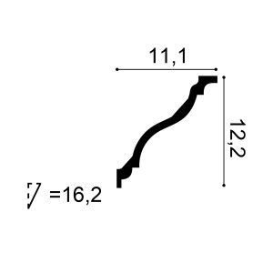 Cross-section diagram of the C333 cornice showing an 11.1 cm projection, 12.2 cm drop and 16.2 cm diagonal depth.