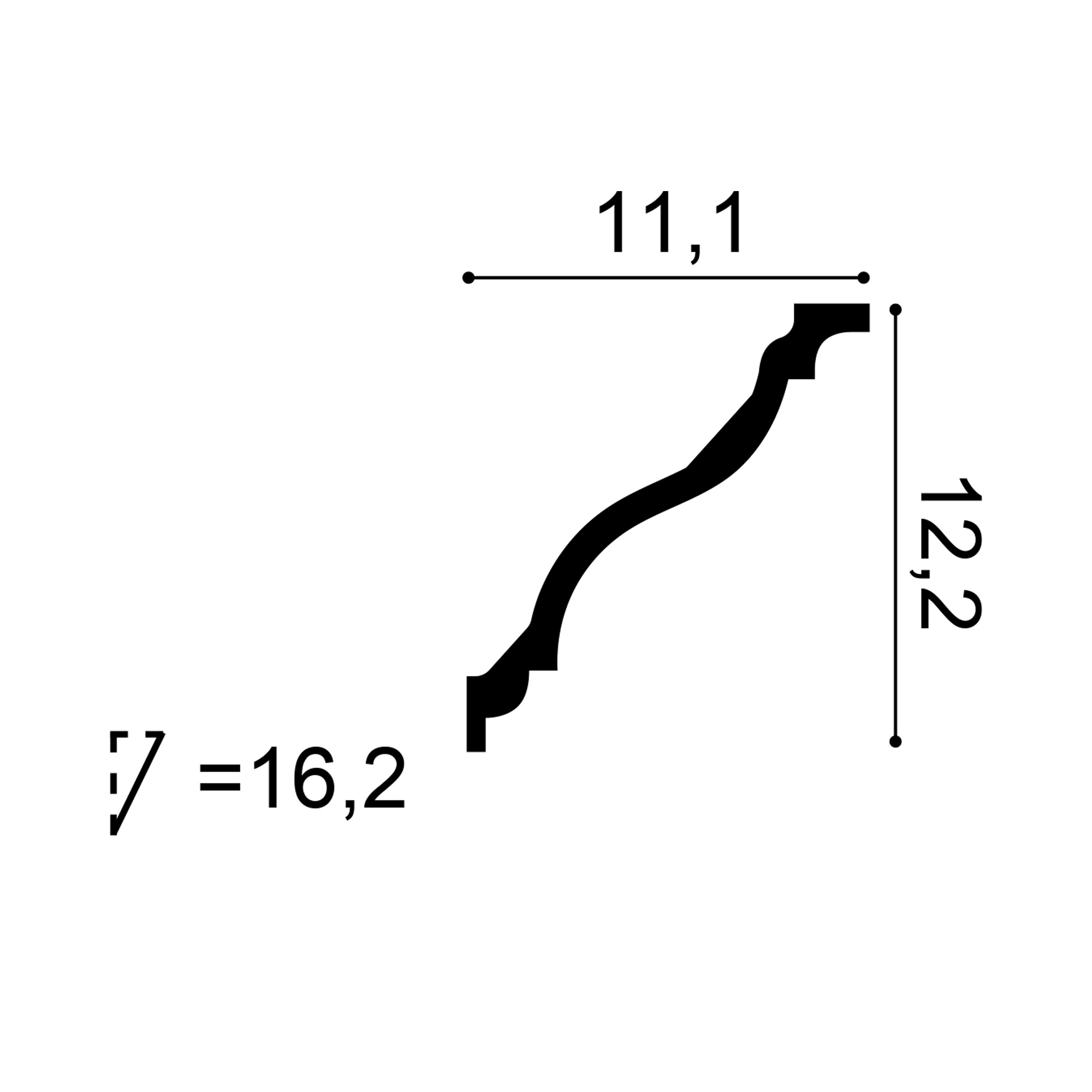 Cross-section diagram of the C333 cornice showing an 11.1 cm projection, 12.2 cm drop and 16.2 cm diagonal depth.