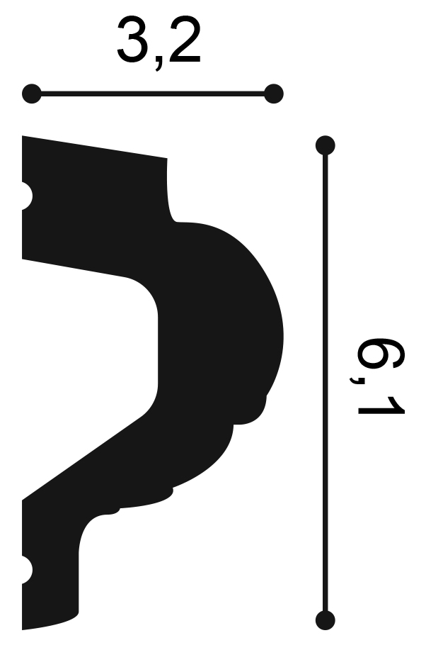 Orac P3020 ornate wall panel moulding cross section profile showing dimensions 61mm height 32mm projection
