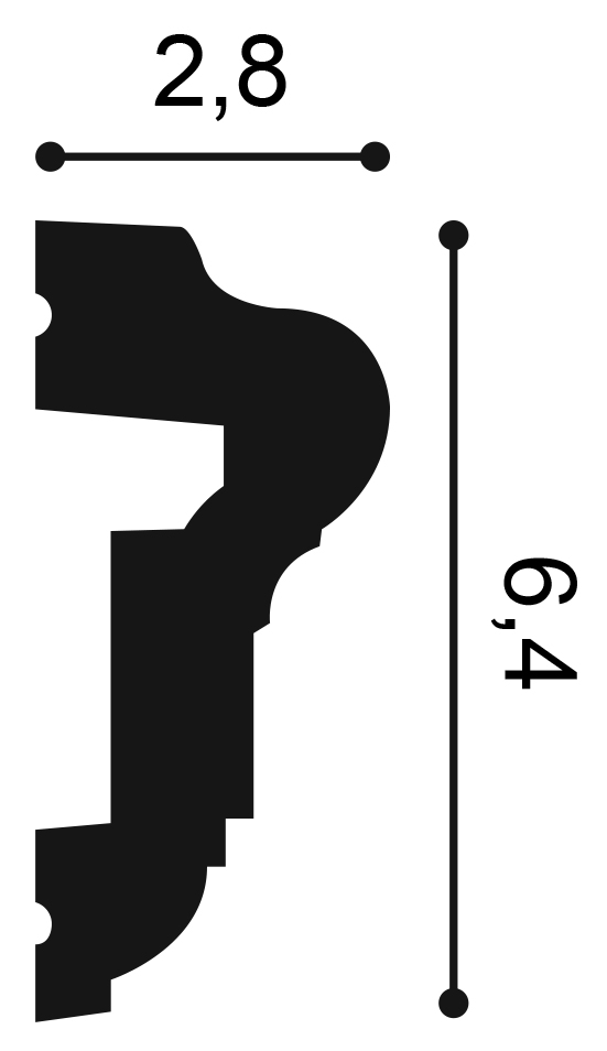 Orac P6020 panel moulding cross section showing 28mm projection and 64mm height with dentil detail