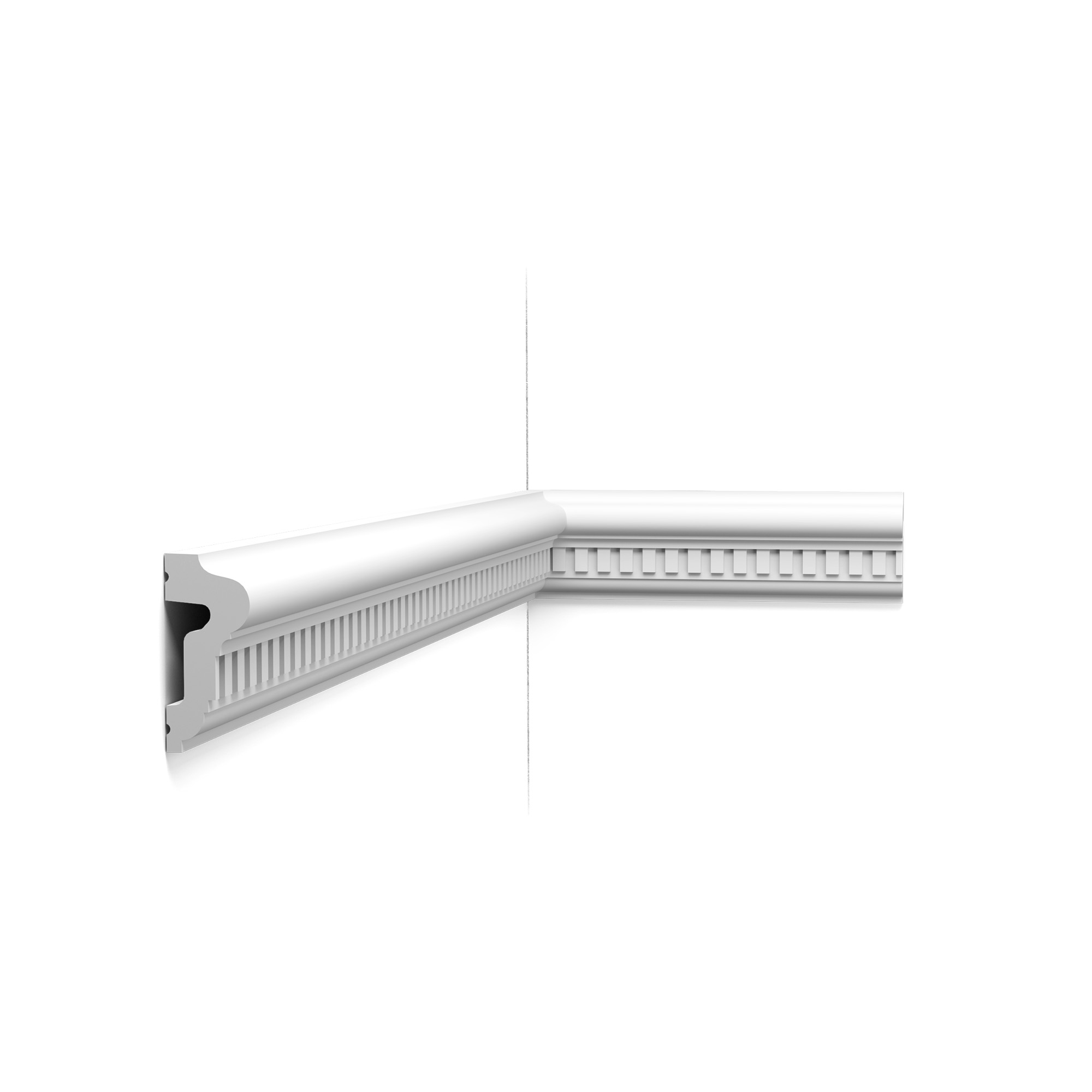 Orac P6020 panel moulding installed on wall corner with dentil detailing and classic profile