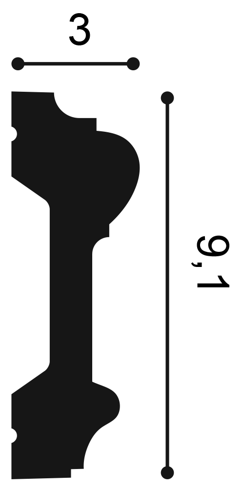 Orac P9010 panel moulding cross section showing 30mm projection and 91mm height with stepped profile