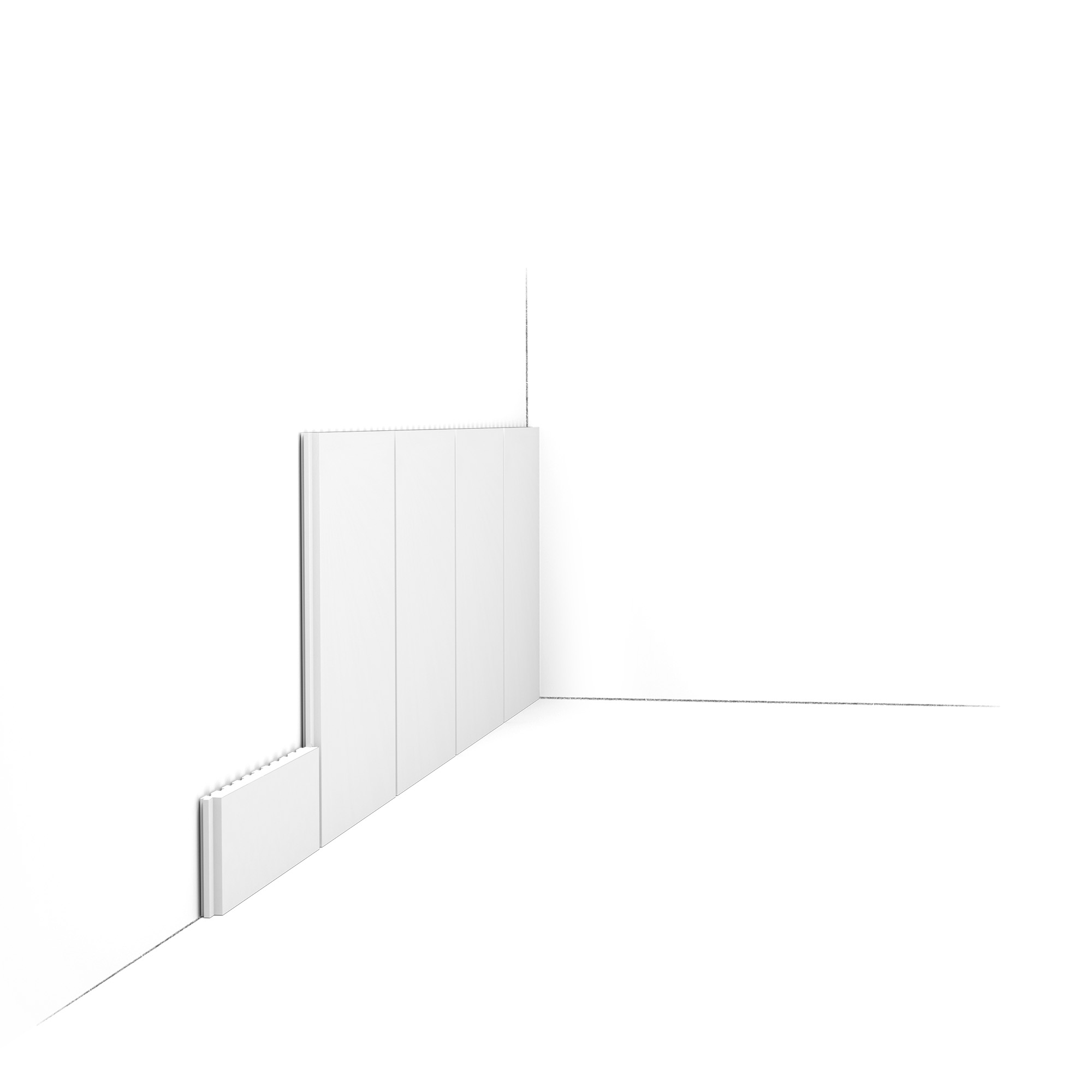 Orac PX147 wall panel moulding system installed with vertical panels and base detail