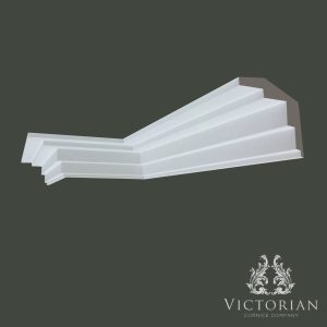 C109 Art Deco plaster cornice featuring stepped geometric lines and a bold linear profile, ideal for Art Deco and contemporary interiors.