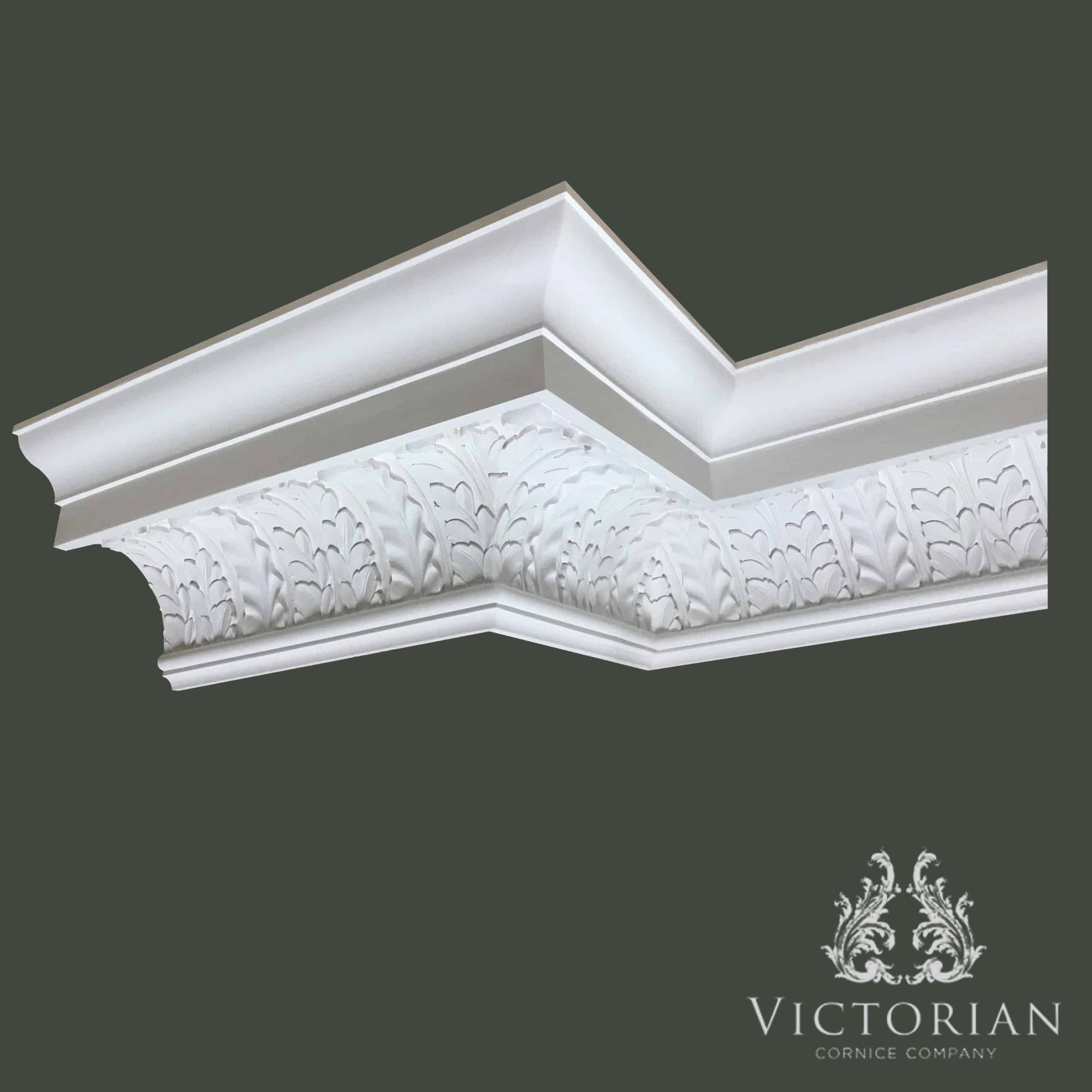 C112 French water leaf plaster cornice featuring richly detailed acanthus leaf ornamentation, handmade in Birmingham, UK.