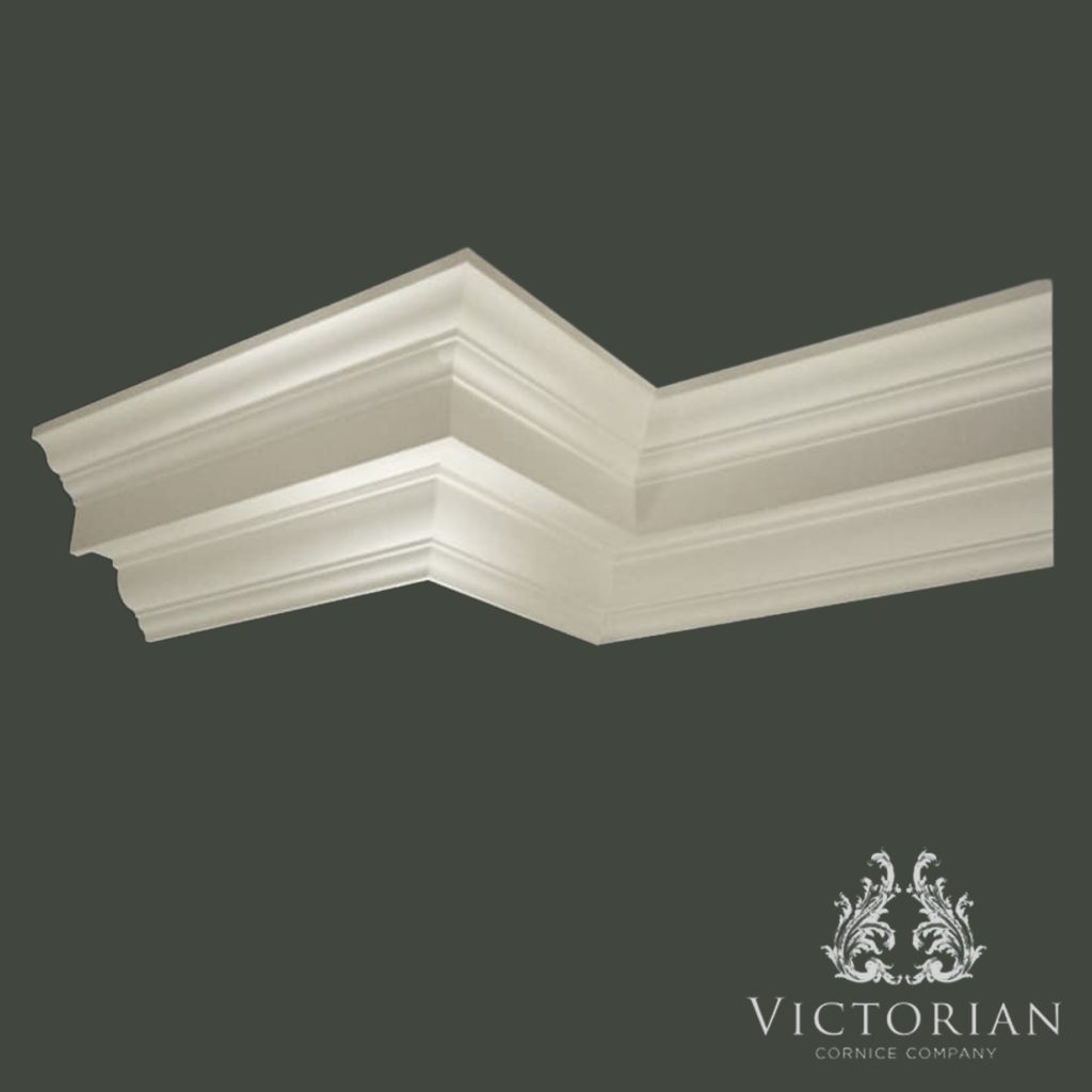C123 Georgian plaster cornice with clean stepped detailing and traditional period proportions, handmade in Birmingham, UK.