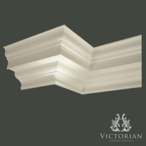 C130 Georgian plaster cornice with bold stepped detailing and traditional period styling, handmade in Birmingham, UK.