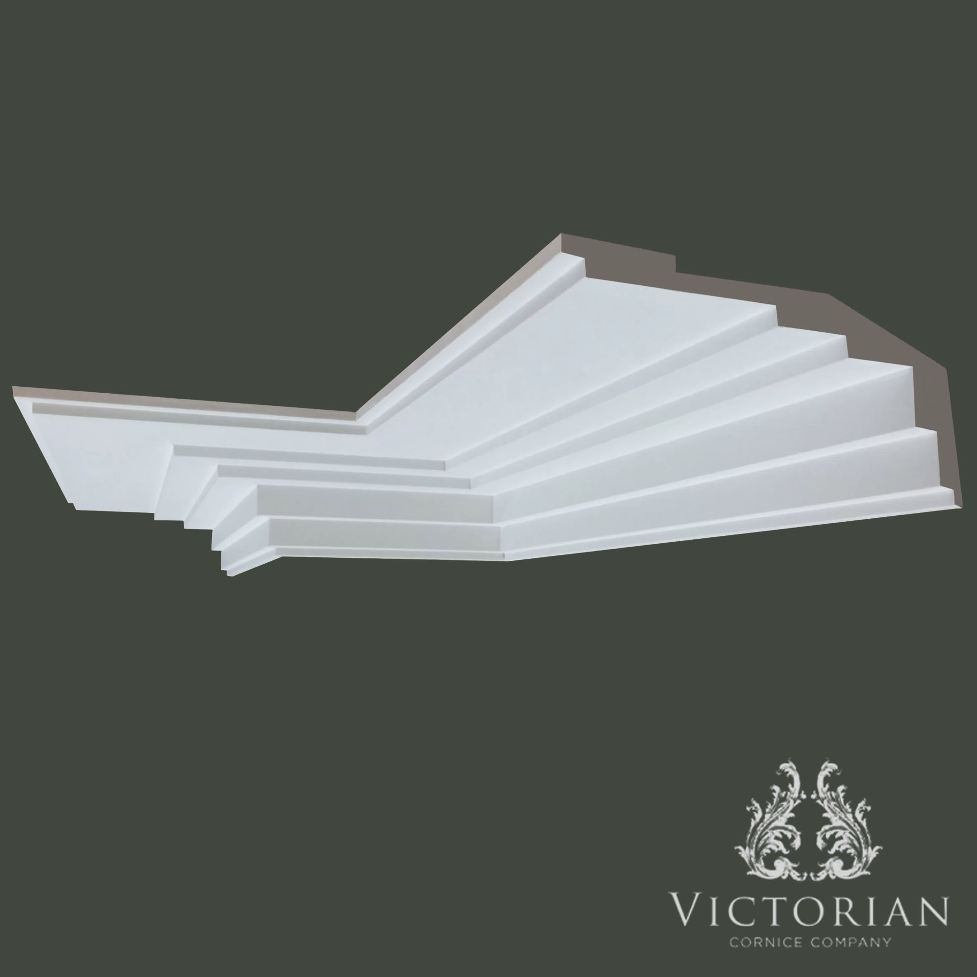 C135 Art Deco plaster cornice with bold stepped geometric detailing, handmade in Birmingham, UK.