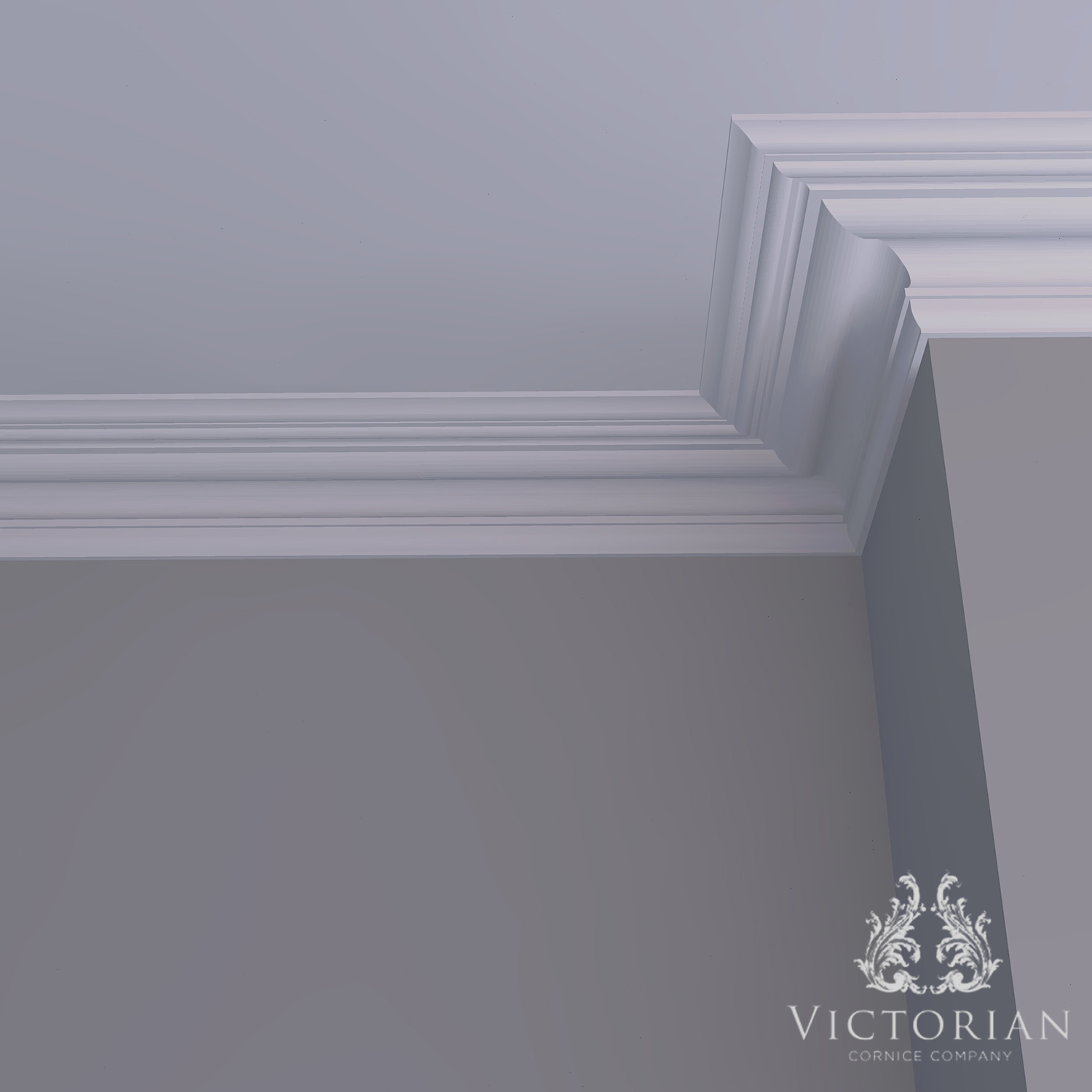 C140 Georgian plaster cornice installed in a room corner, showcasing a deep profile with elegant stepped detailing and traditional period character.