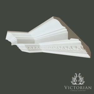 C142 egg and dart plaster cornice featuring a large classical profile with decorative egg and dart enrichment and stepped moulding details.