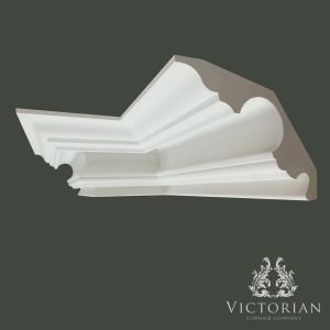 C147 Swan Neck plaster cornice featuring a sweeping convex profile with elegant stepped mouldings and traditional period detailing.