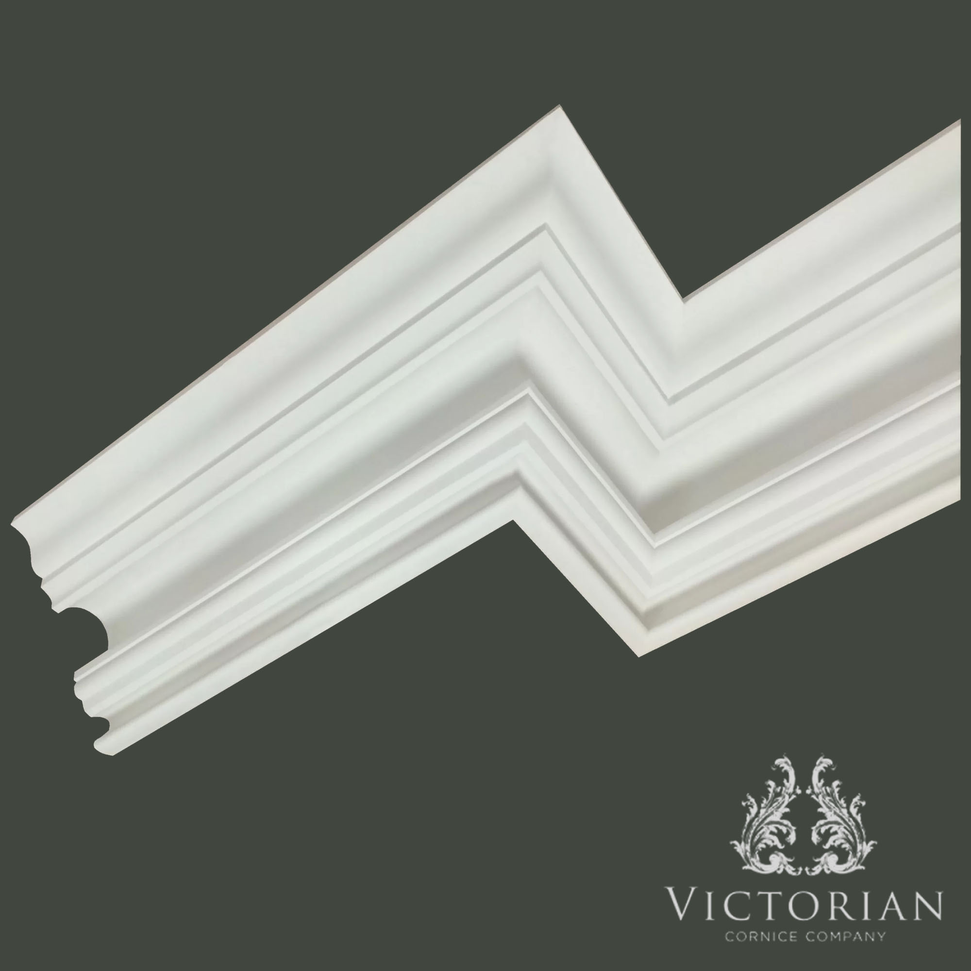 C147 Swan Neck plaster cornice installed in a room corner, featuring a sweeping curved profile with crisp stepped mouldings and traditional period detailing.