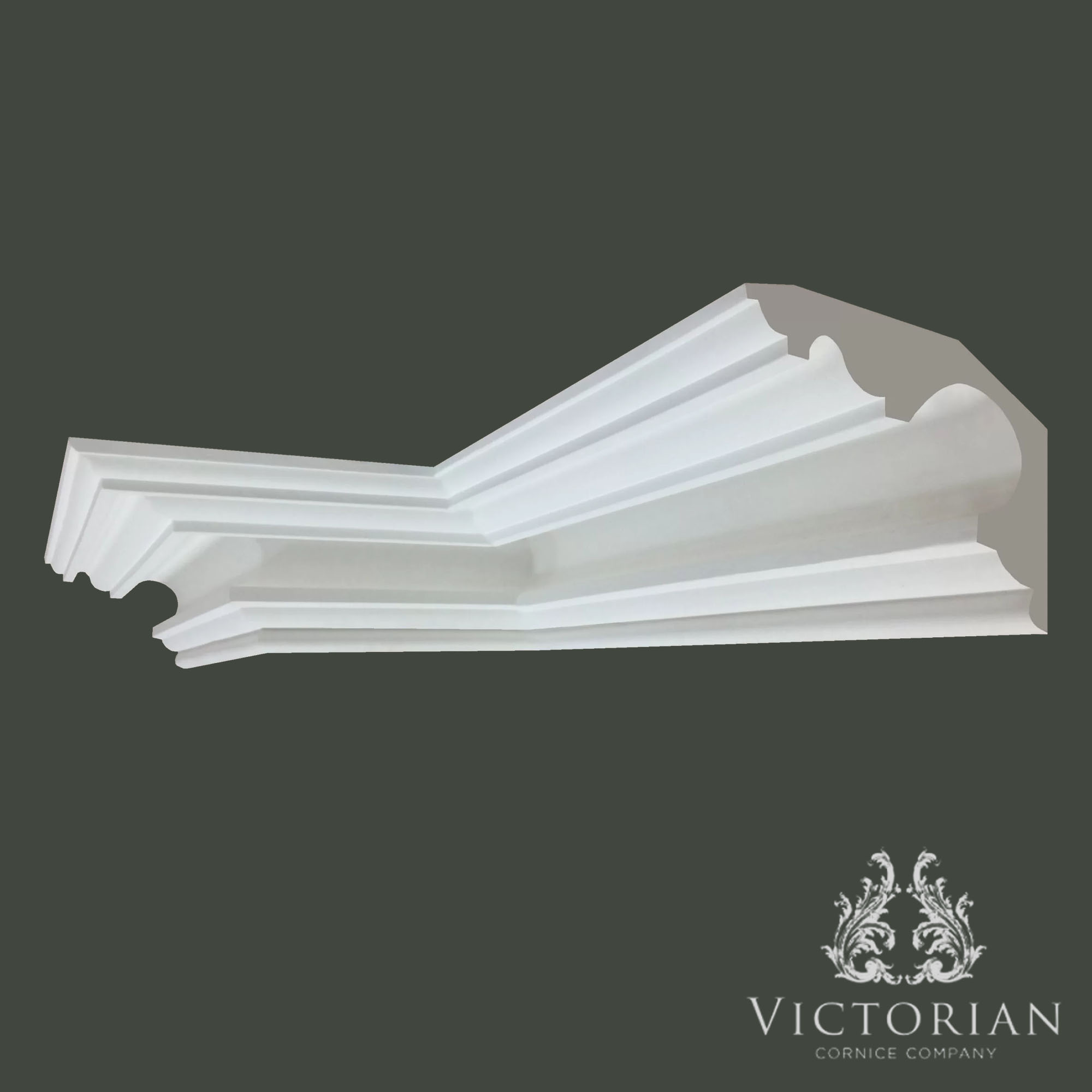 C148 Swan Neck plaster cornice installed corner section featuring a large curved profile with stepped mouldings and traditional period detailing.