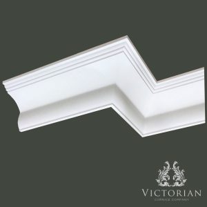 C161 Georgian Plaster Cornice Corner Detail C161 Georgian plaster cornice installed corner view showing a plain traditional profile with subtle stepped detailing and smooth sweeping lines.