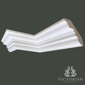 C162 Georgian plaster cornice featuring a bold stepped profile with elegant curves and clean architectural lines, handcrafted from fibrous plaster.
