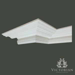 C168 Swan Neck Plaster Cornice – Angled View C168 Swan Neck plaster cornice shown from an angled perspective, featuring a traditional cyma recta profile with elegant curves, stepped mouldings and clean architectural lines.