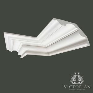 C169 Edwardian plaster cornice featuring a refined stepped profile with elegant convex mouldings, handcrafted in traditional fibrous plaster.