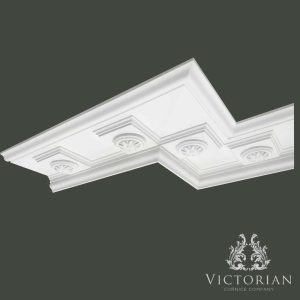 C171 Georgian Hall plaster cornice with recessed panel mouldings and decorative roundel motifs, designed for grand period interiors and traditional architectural settings.