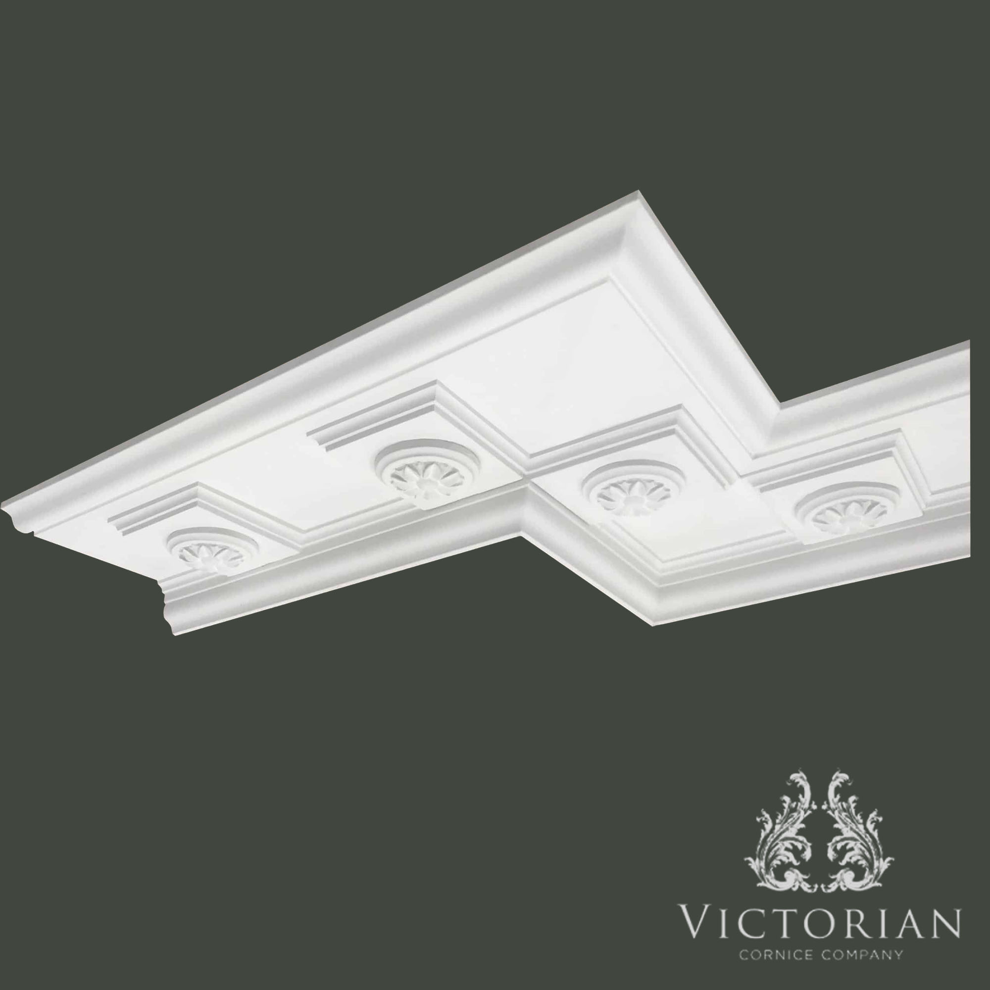 C171 Georgian Hall plaster cornice with recessed panel mouldings and decorative roundel motifs, designed for grand period interiors and traditional architectural settings.
