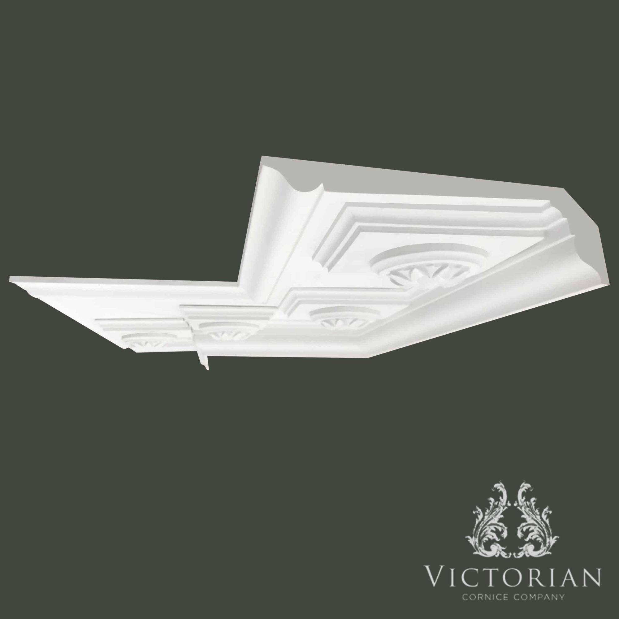 C171 Georgian Hall plaster cornice featuring recessed panel mouldings with decorative roundel details, handcrafted in traditional fibrous plaster.