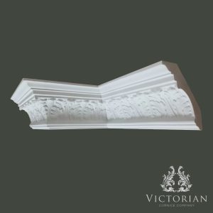 Decorative acanthus leaf plaster cornice with detailed classical scrollwork and stepped upper profile